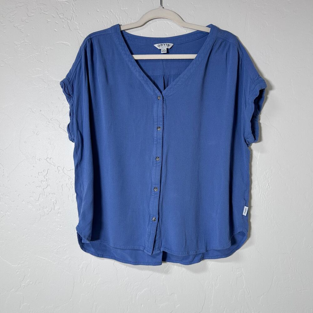 Orvis Blue Gauze Button Front Button Blouse Relaxed Coastal Leightweight Women L